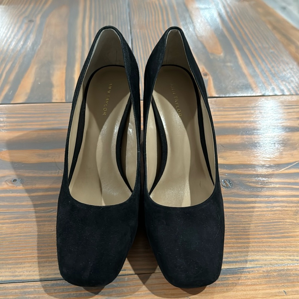 Black suede wedge heels